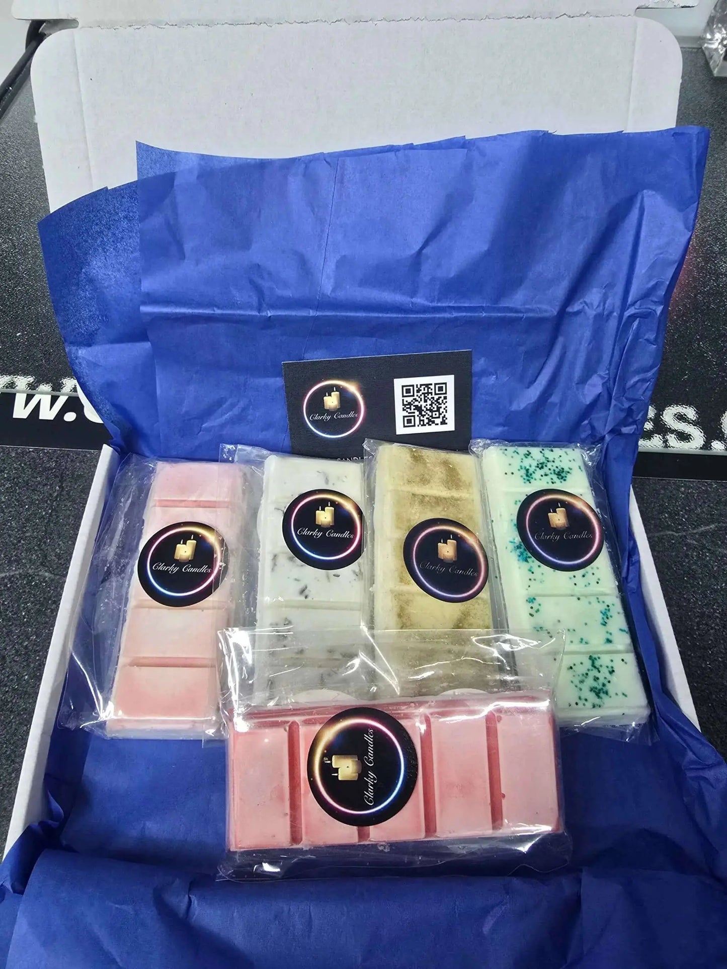 WAX MELTS SELECTION - Variety Pack of fragrant snap bars in a box with colorful packaging from Clarky Candles.