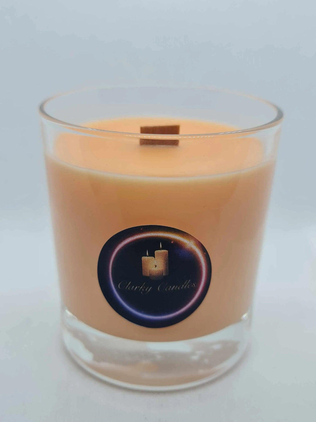 Chocolate Orange wood wick scented soy wax candle in clear glass container