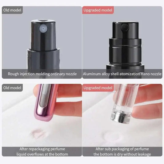 Comparison of old and upgraded portable perfume bottle models showing improved aluminum alloy shell and nano nozzle with leak-proof design