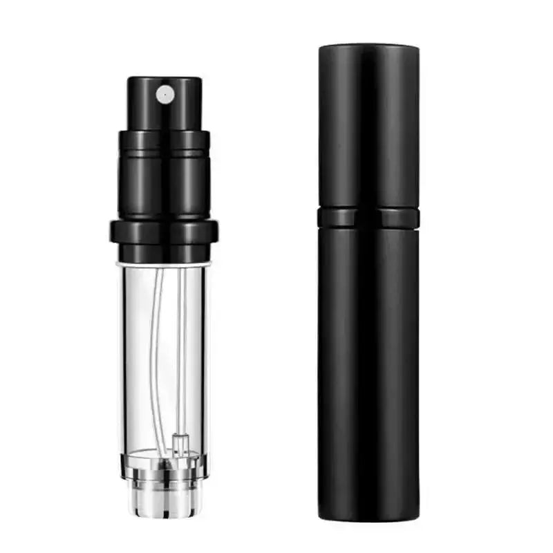 Black 5ml portable perfume bottle refillable travel atomizer with sleek aluminium design and fine mist spray