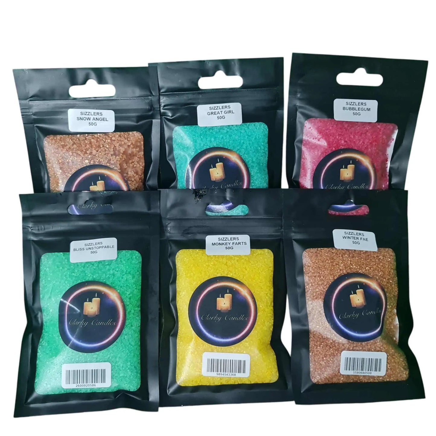 6-Pack Scented Sizzlers Bundle premium wax melts in various fragrances with resealable black pouches