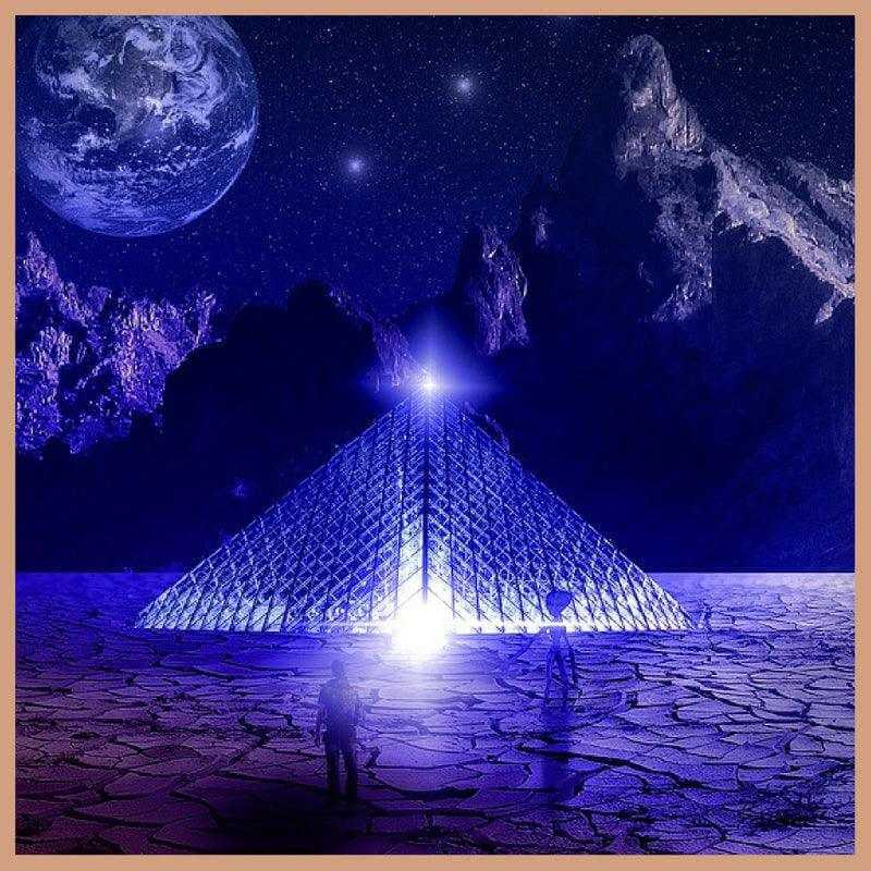 Alien Invasion scented soy wax candle with cosmic pyramid and alien figures under starry night sky