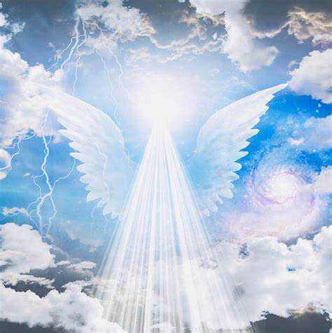 Heavenly light and angel wings amidst divine clouds, symbolizing the Angels scented soy wax candle's spiritual serenity and comfort.