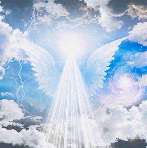 Heavenly angel figure with glowing wings and radiant light in a cloudy sky representing divine spiritual fragrance for Angels Wax Melt