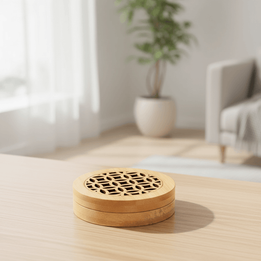 Natural bamboo incense holder box with decorative geometric pattern and removable ash catcher
