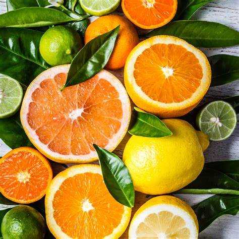 Assorted fresh citrus fruits including oranges, lemons, limes, and green leaves representing Citrus Soak fragrance for wax melt