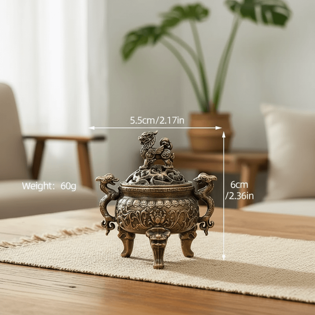 Double dragon incense burner size guide showing 5.5cm width, 6cm height and 60g weight