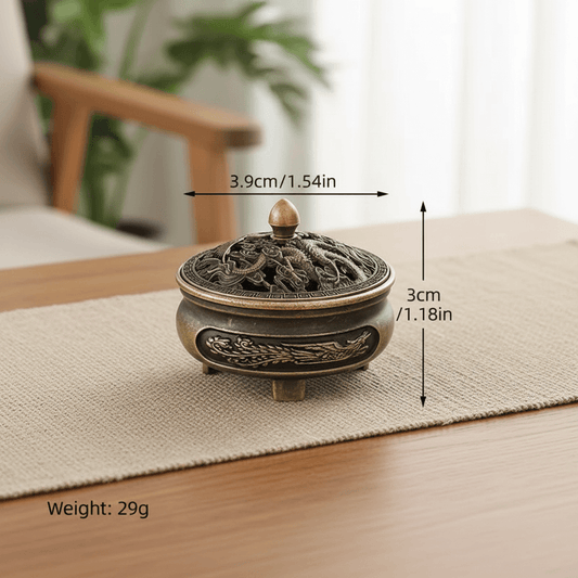 Dragon incense burner size guide showing 3.9cm width, 3cm height and 29g weight