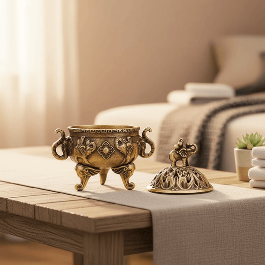 Elephant Vintage-Inspired Incense Burner showcasing ornate lidded design on a table with soft background lighting.