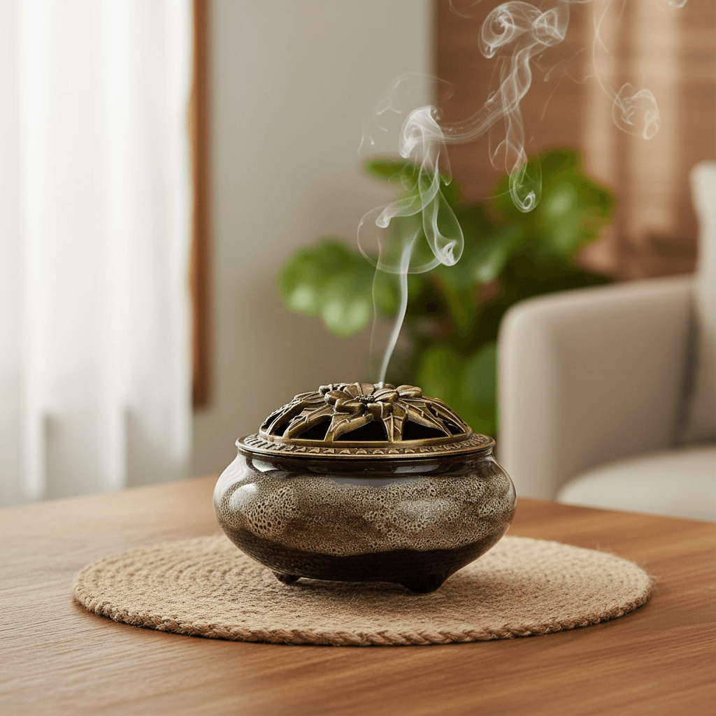 Grey ceramic incense burner kiln with decorative lid releasing smoke on a table