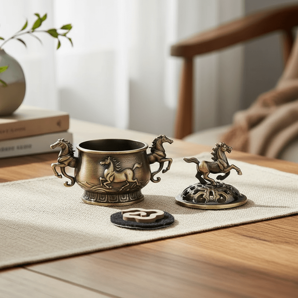 Horse to success incense burner shown open with lid beside it on a table
