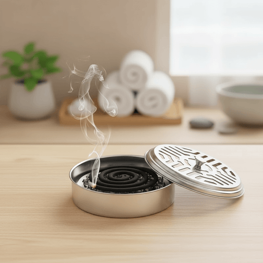 Stainless steel incense coil burner with burning coil releasing smoke on a table