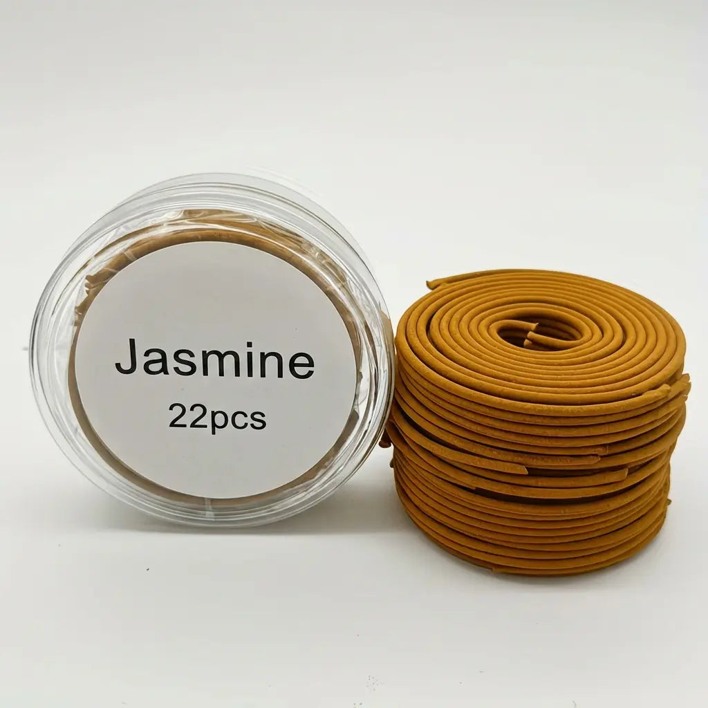 Jasmine incense coils in a pack of 22 with Jasmine 22pcs label and coil stack