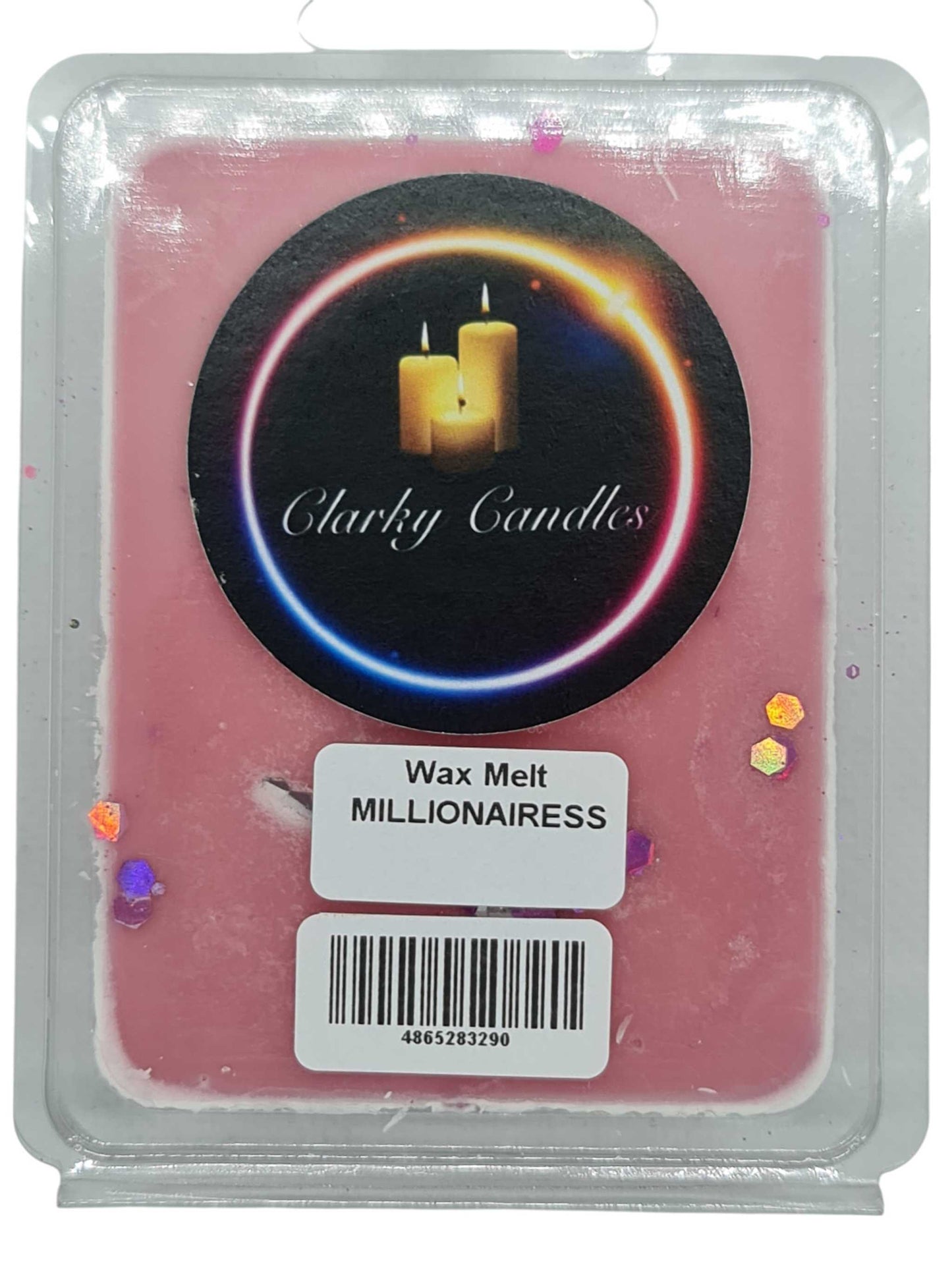 Millionairess wax melt by Clarky Candles in pink, featuring luxury wealth empowerment fragrance with subtle glitter accents.