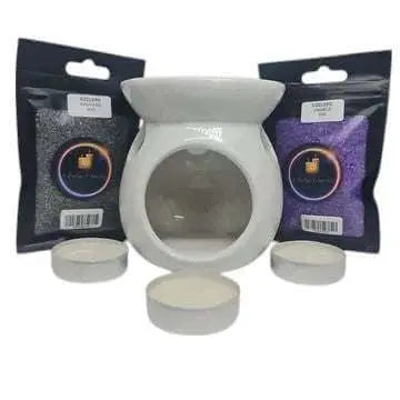 Scented Sizzlers Starter Pack with white oil burner, three tea lights, and Sauvage and Angels scented sizzlers packs