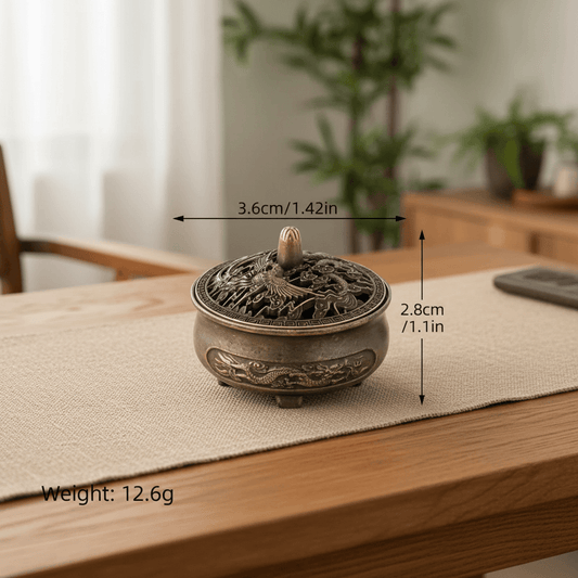 Phoenix incense burner size guide showing 3.6cm width, 2.8cm height and 12.6g weight