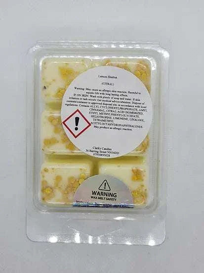Lemon Sherbet Wax Melt in clear clamshell packaging with warning labels, citrus and sweet nostalgic fragrance wax cubes by Clarky Candles
