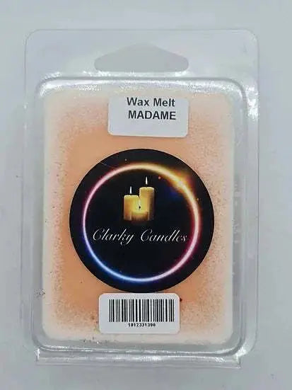 Madame Wax Melt by Clarky Candles in clamshell packaging with elegant branding and warm peach color