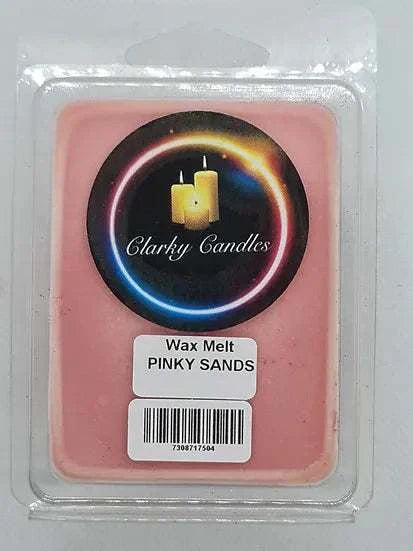 Pinky Sands Wax Melt by Clarky Candles, tropical beach fragrance with pink grapefruit, hibiscus, and coconut scent in pink wax clamshell packaging.