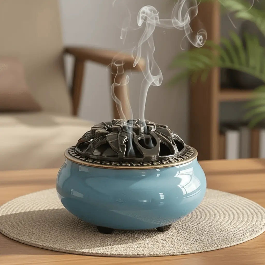Sky blue ceramic incense burner kiln with decorative lid releasing smoke on a table