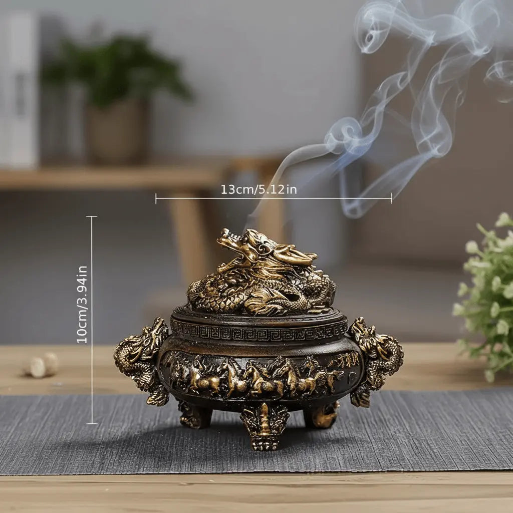 Vintage dragon resin incense holder with ornate dragon design, dimensions 13cm x 10cm, emitting calming smoke.