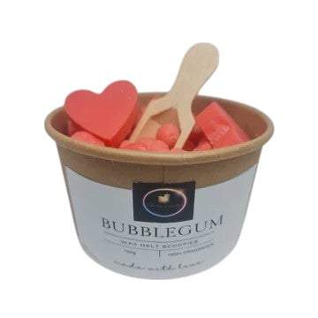Wax Melt Scoopies in bubblegum scent with pink heart-shaped wax cubes in a resealable container for sweet nostalgic fragrance.