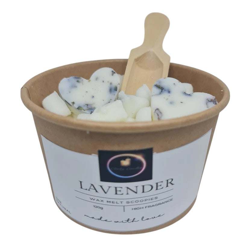 Lavender wax melt scoopies in a brown container with wooden scoop for relaxation and aromatherapy