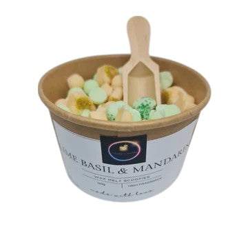 Wax Melt Scoopies Lime Basil & Mandarin 120g container with scooping spoon and assorted wax melt pieces