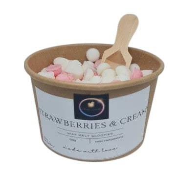 Wax Melt Scoopies Strawberries & Cream 120g container with pink and white wax melts and wooden scoop for sweet summer fragrance