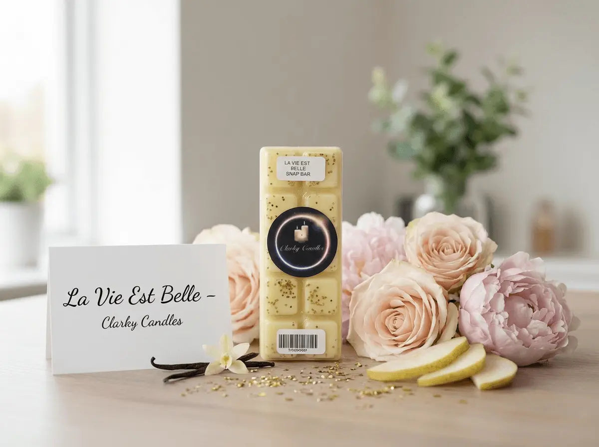La Vie Est Belle Wax Melt Snap Bar 50g displayed with flowers and a label on a wooden table.