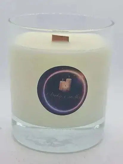 Angels wood wick scented soy wax candle in clear glass jar with natural wax