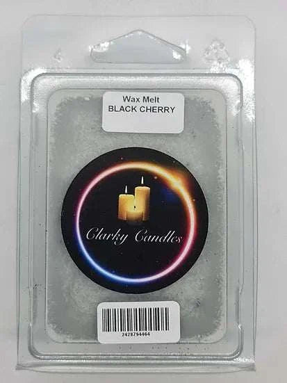 Clarky Candles Black Cherry Wax Melt with rich fruity indulgence fragrance in clear clamshell packaging