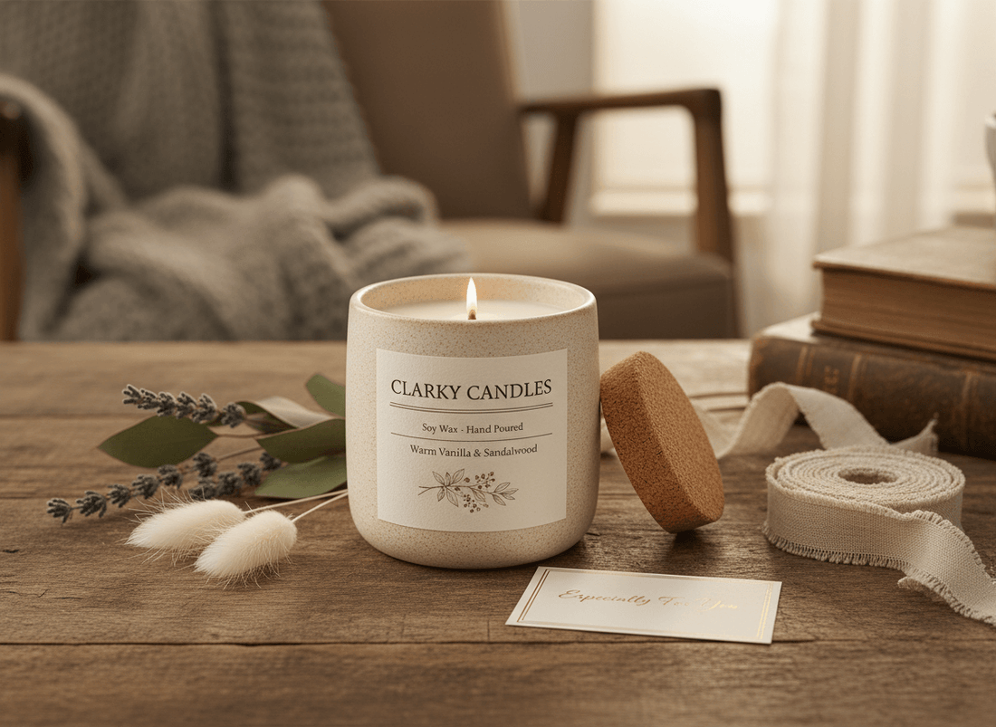 Handmade soy wax scented candle on wooden table with dried flowers, ribbon, and gift card, highlighting Clarky Candles’ luxury craftsmanship from Northampton, UK.