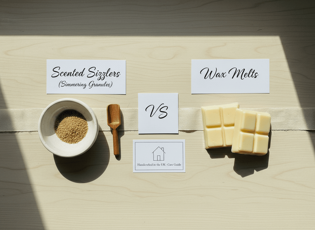 Scented Sizzlers (simmering granules) vs wax melts comparison for wax burner scent throw