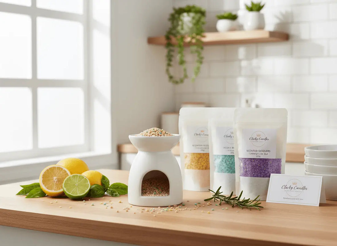 Best scented sizzlers for kitchens displayed with a wax burner and fresh lemons on a wooden table.