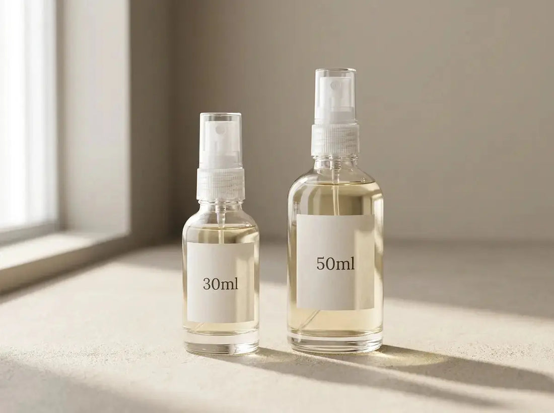 Two perfume bottles in 30ml and 50ml sizes on a neutral surface in soft natural light