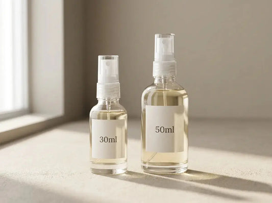 Two perfume bottles in 30ml and 50ml sizes on a neutral surface in soft natural light