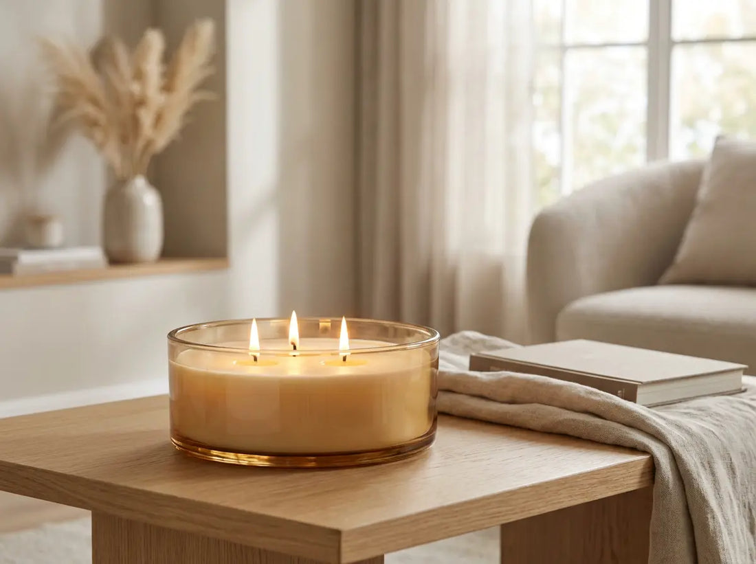 Lit 3 wick bowl candle on a coffee table in a cosy living room setting