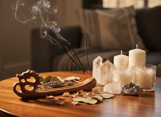 Burning incense sticks in ornate wooden holder with aromatic smoke rising, surrounded by dried flowers, crystals and candles on warm wooden table with soft lighting