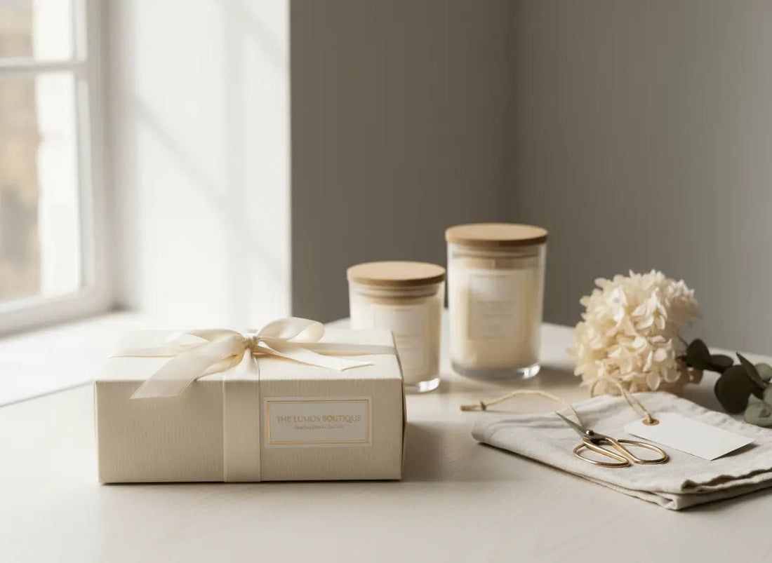 Luxury scented candles UK beautifully gift-wrapped on a table beside accessories and a floral arrangement.