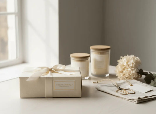 Luxury scented candles UK beautifully gift-wrapped on a table beside accessories and a floral arrangement.