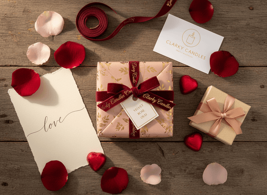 Luxury gift-wrapped Valentine’s candle by Clarky Candles, surrounded by rose petals, handwritten love note, ribbon-tied gift box, heart-shaped chocolates, and branded card on a wooden table with warm lighting.