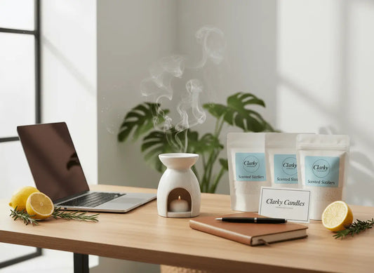 Scented sizzlers for home office with wax burner, laptop, and fresh ingredients for productivity.