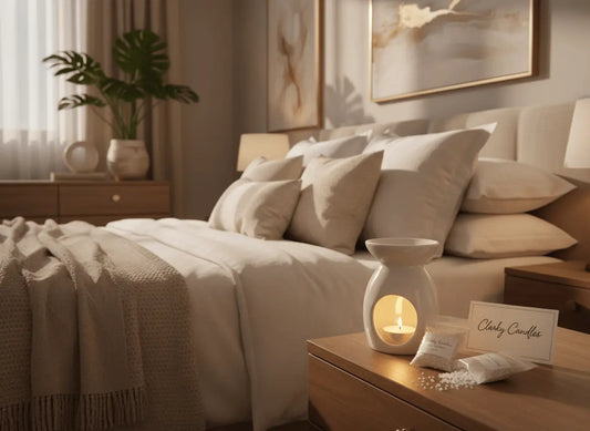 Cozy bedroom with calming wax burner, perfect for using scented sizzlers for better sleep.