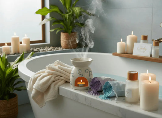 Luxury bathroom setup featuring scented sizzlers for spa days with a wax burner and candles.
