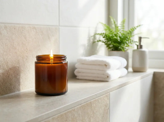 Lit 30cl scented candle on a bathroom vanity with folded white towels and a small plant in the background.