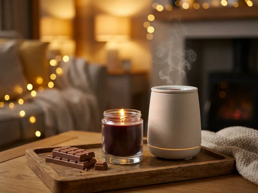 Lit soy wax candle with a wax melt snap bar and ceramic wax warmer in a cosy evening living room