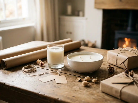 Gift-wrapped 30cl jar candle and 3-wick bowl candle on a table with ribbon and a small gift tag