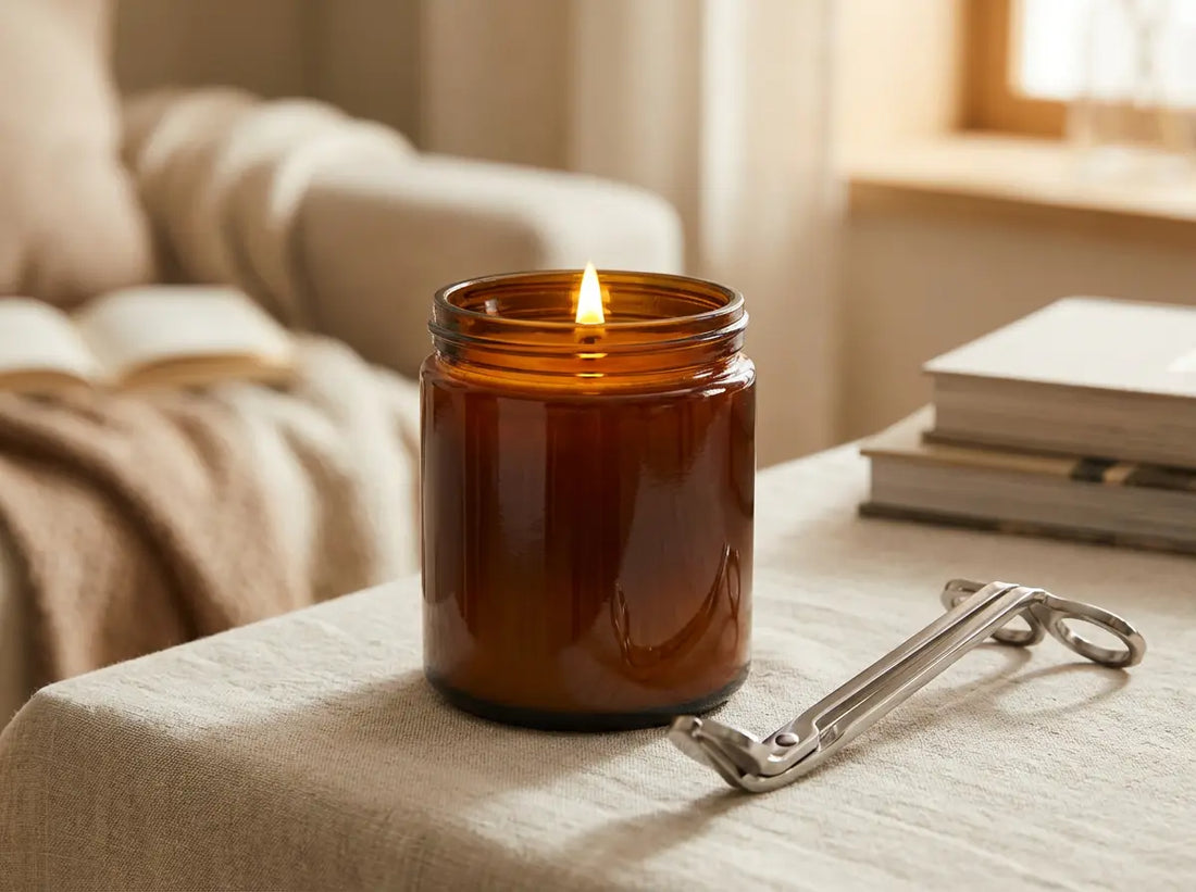 30cl scented candle burning with a neatly trimmed wick and a wick trimmer beside the jar.