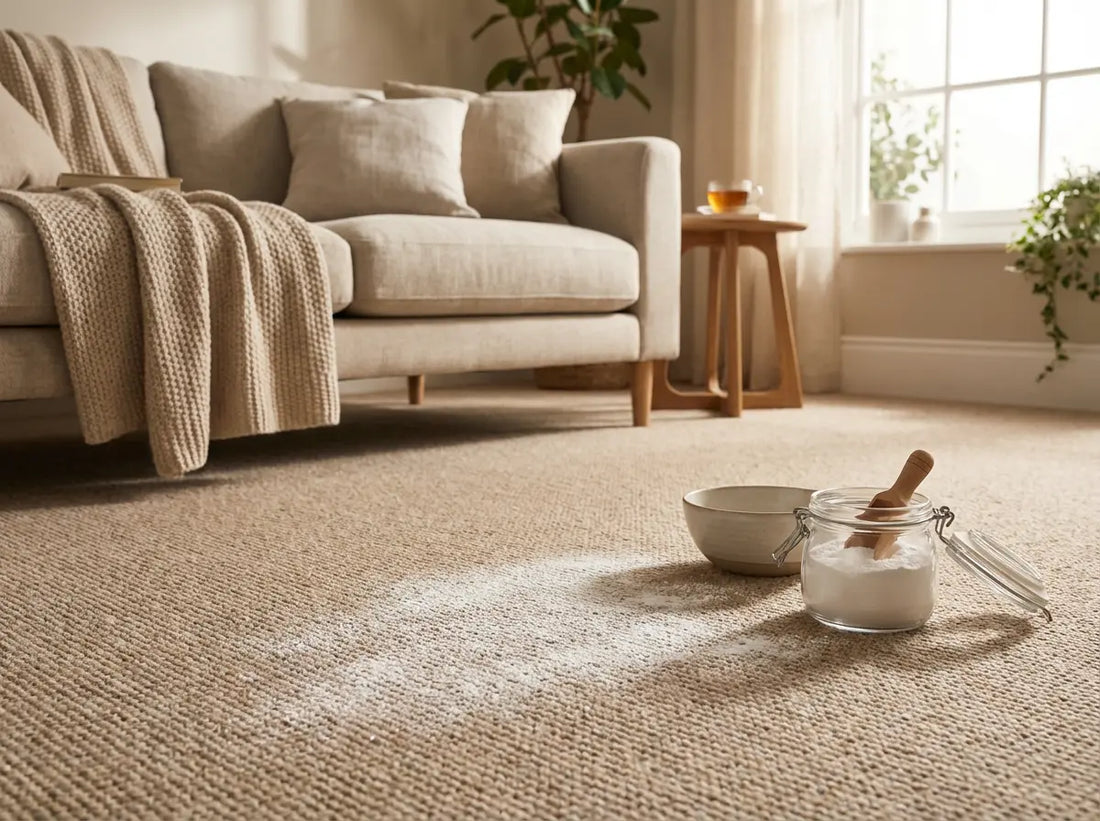 Carpet freshener powder sprinkled on a living room carpet beside a jar and scoop for a fresh-smelling home